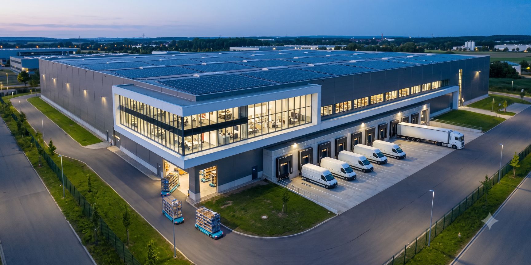 A state-of-the-art, sustainable logistics hall in contract logistics at dusk, active with integrated value-added services and AGVs.